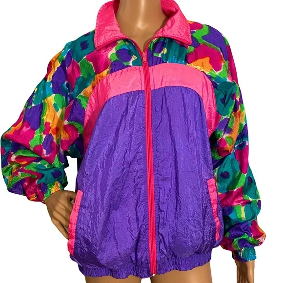 VINTAGE BLAIR BOUTIQUE NEON WATERCOLOR WINDBREAKER SZ L - Picture 1 of 16